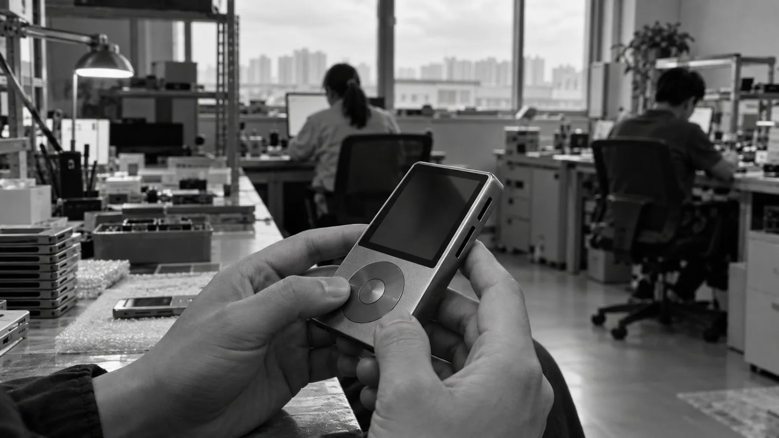 Hands hold a green portable music player at an office in Dongguan, China. (AI-generated image / EconoTimes)