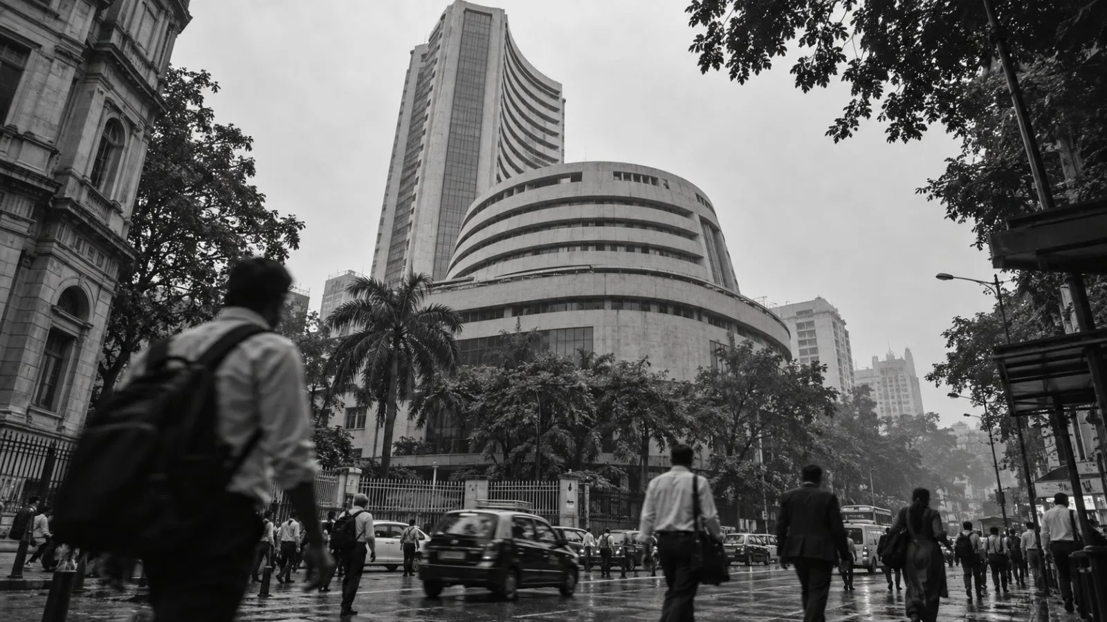Commuters pass the Bombay Stock Exchange building on Dalal Street in Mumbai, India (AI-generated image / EconoTimes)