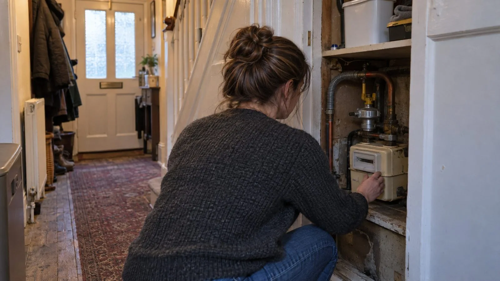 A resident checks a gas meter inside a terraced home in London, England. (AI-generated image / EconoTimes)