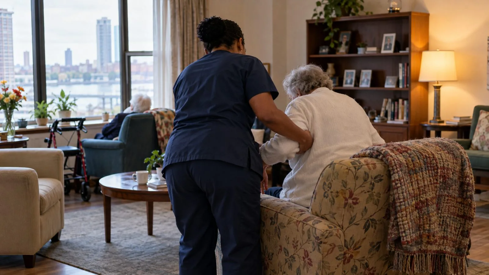 A care worker helps an older resident settle into a chair in a New York City care home. (AI-generated image / EconoTimes)