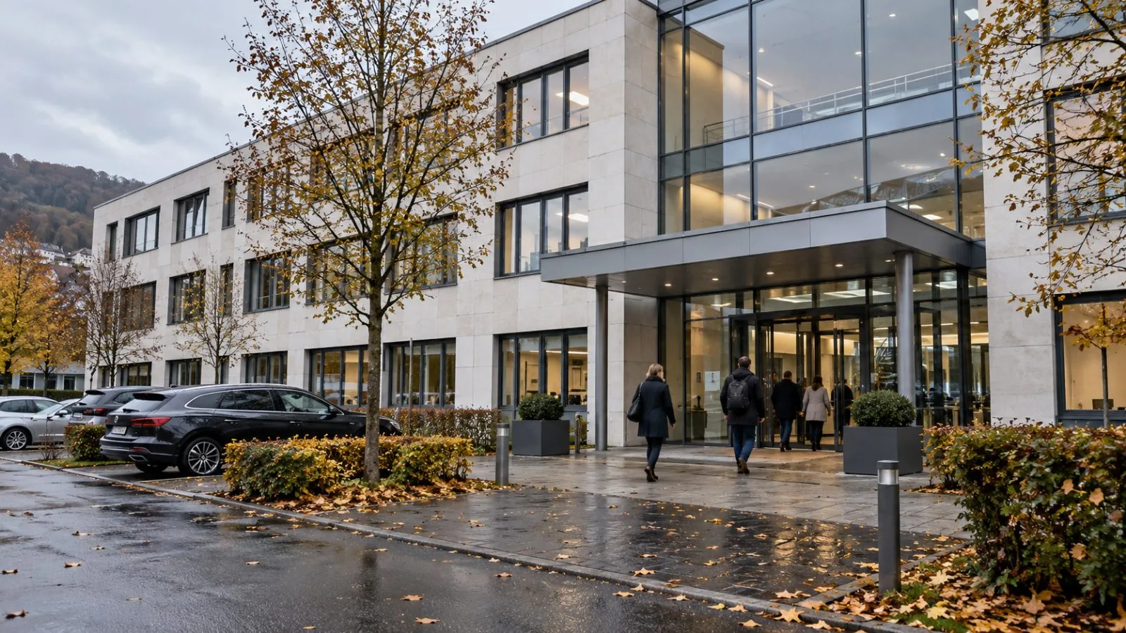 Workers enter an office building in Gelnhausen, Germany, under cloudy skies. (AI-generated image / EconoTimes)