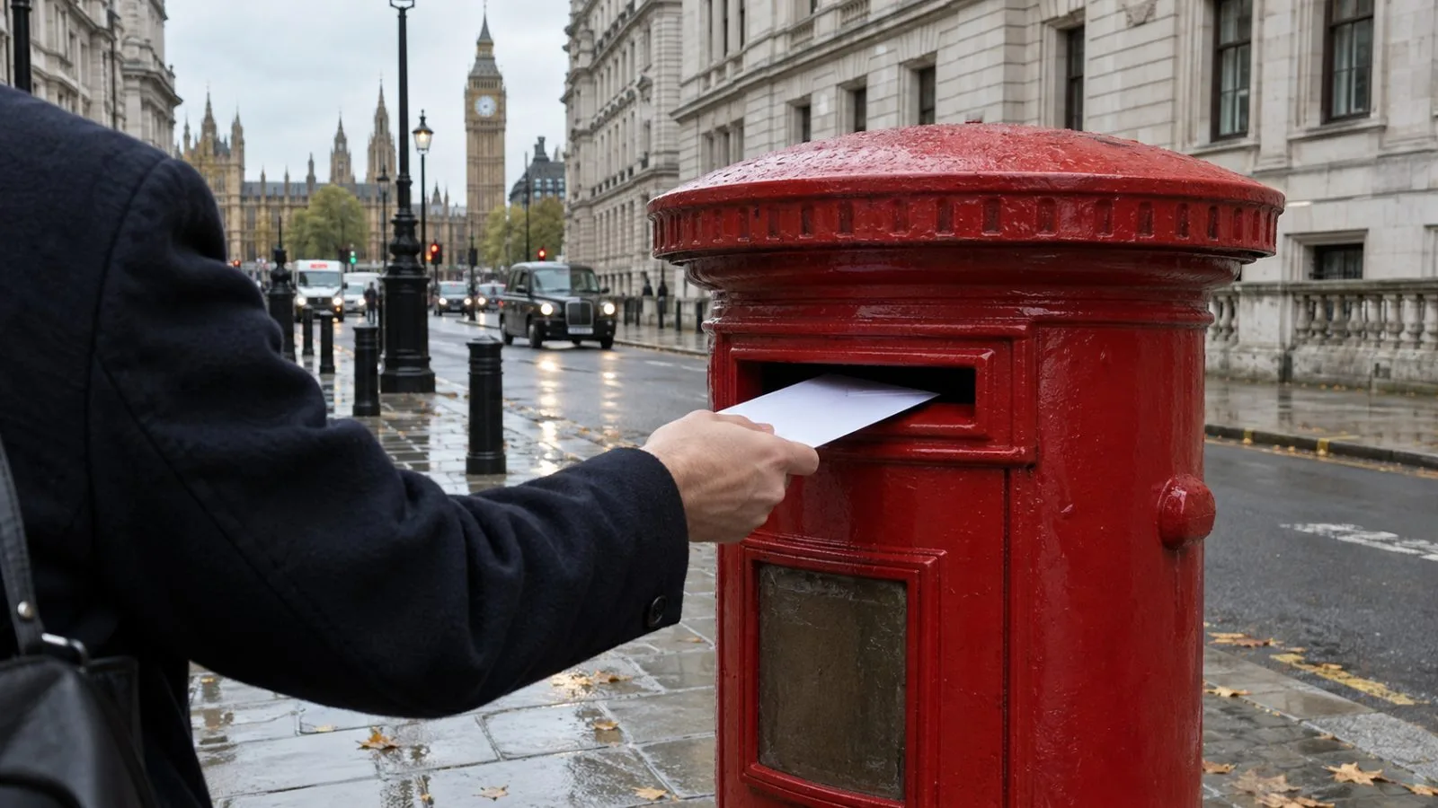 A taxpayer posts a plain envelope into a red postbox on a London street. (AI-generated image / EconoTimes)