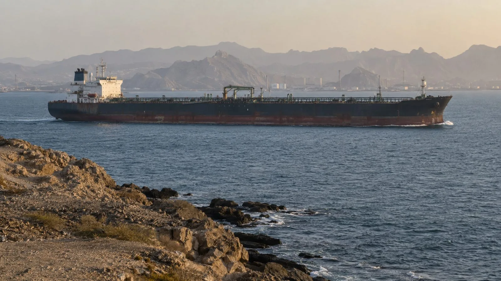 An oil tanker passes through the Strait of Hormuz near Bandar Abbas, Iran. (AI-generated image / EconoTimes)