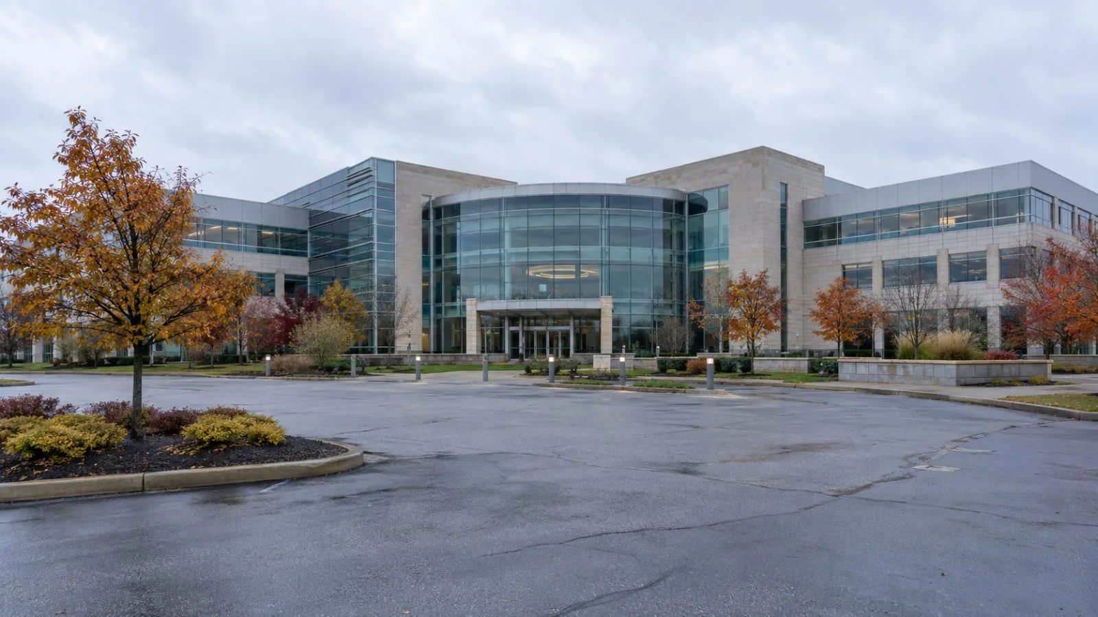 NiSource’s Southlake Complex headquarters stands in Merrillville, Indiana, beneath an overcast autumn sky. (AI-generated image / EconoTimes)
