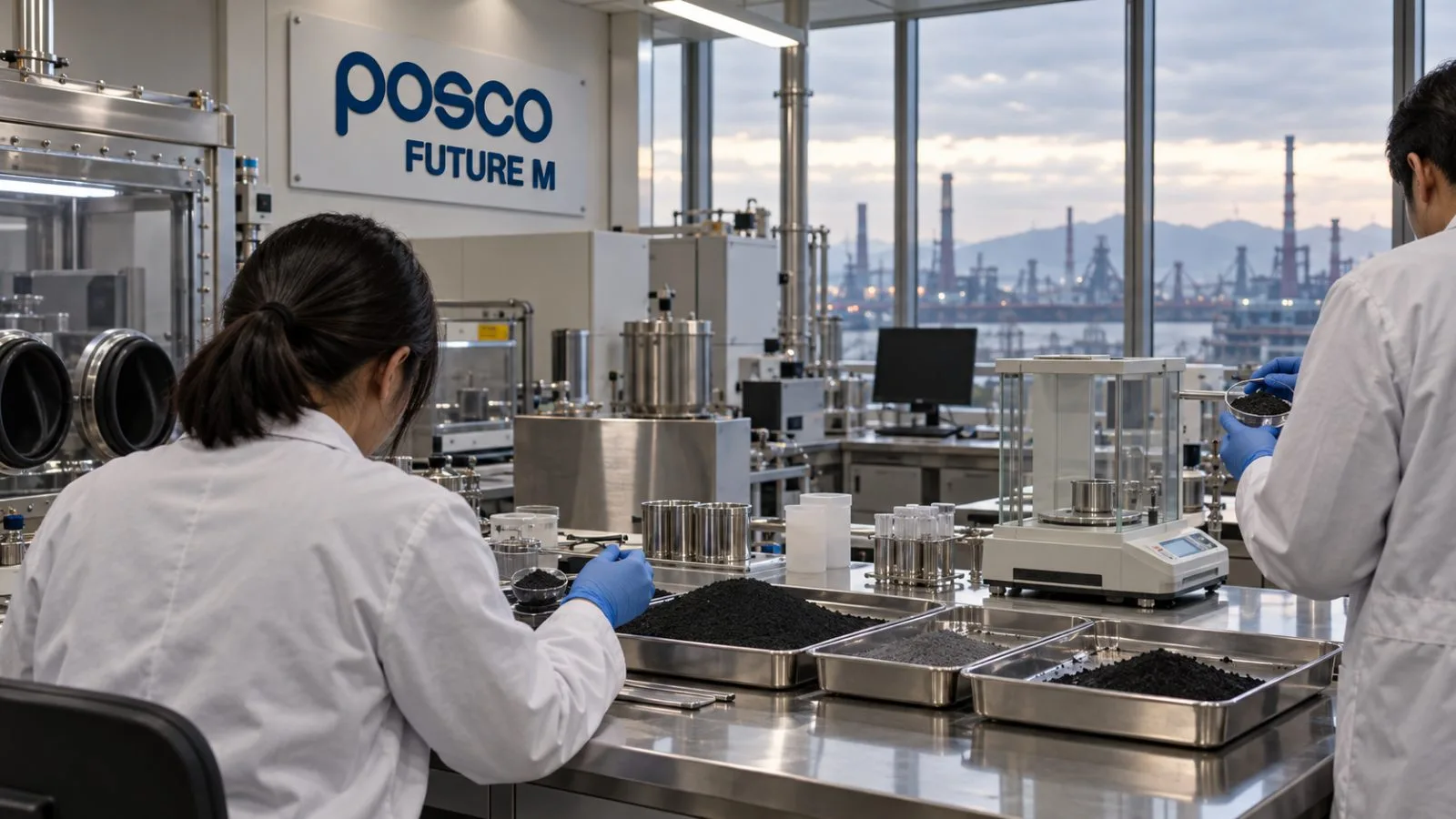 Technicians inspect cathode-material samples at a battery-materials laboratory in Pohang, South Korea. / EconoTimes.ai