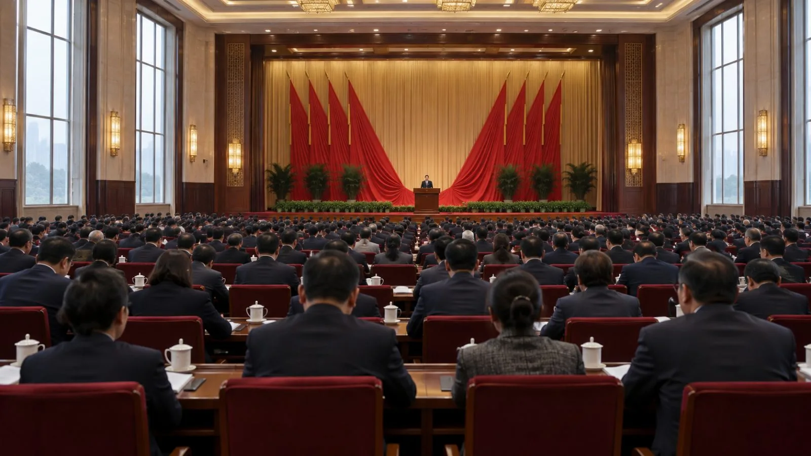 Delegates sit facing a lectern inside a conference hall in Beijing, China. (AI-generated image / EconoTimes)
