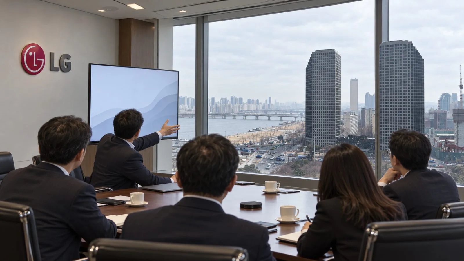 Executives meet at a conference table inside LG Twin Towers in Seoul’s Yeouido district. / EconoTimes.ai