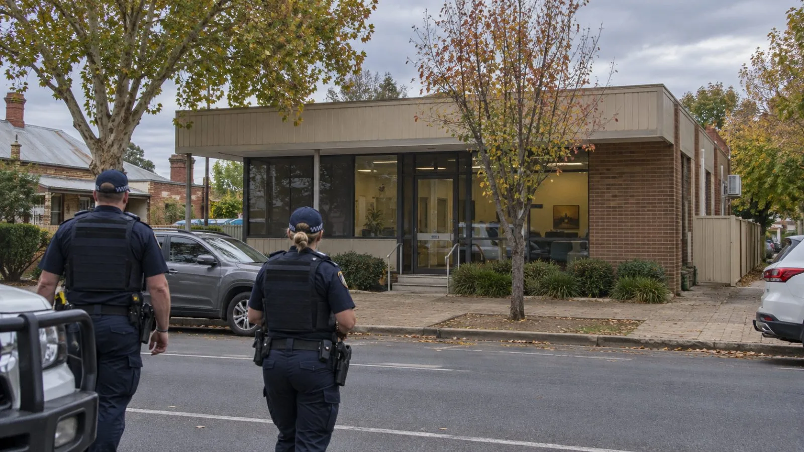 Police officers stand outside an electorate office in Wangaratta, Victoria. (AI-generated image / EconoTimes)