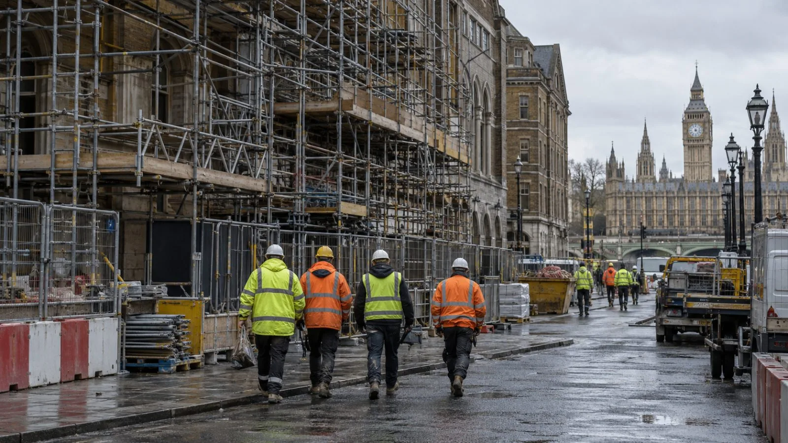 Workers leave a construction site in London on an overcast afternoon. (AI-generated image / EconoTimes)