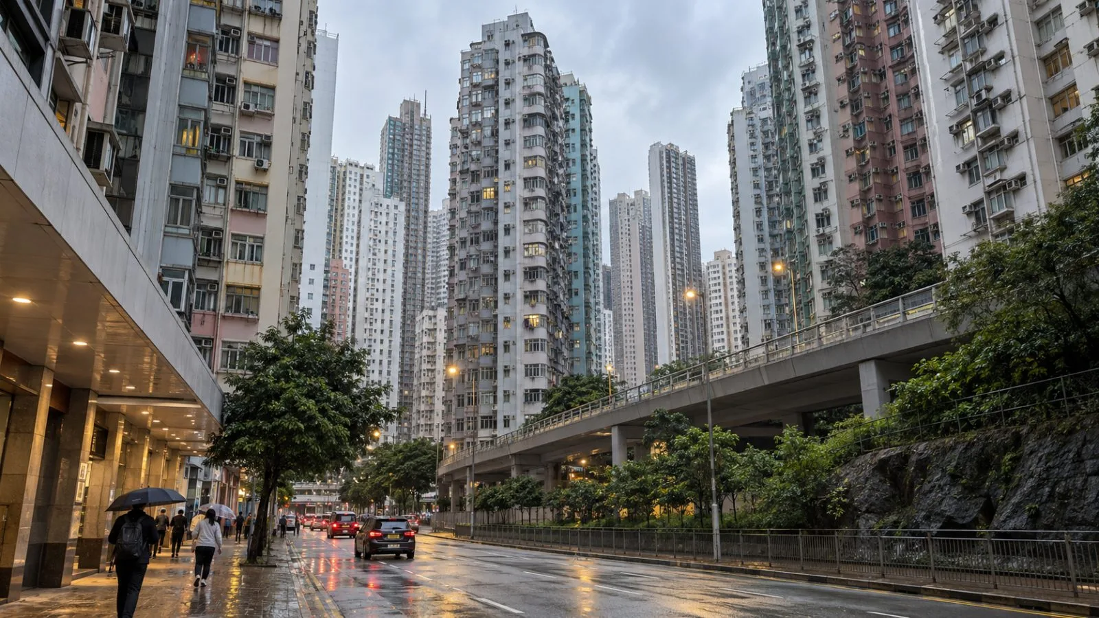 Residential towers rise above a street in Quarry Bay, Hong Kong. (AI-generated image / EconoTimes)