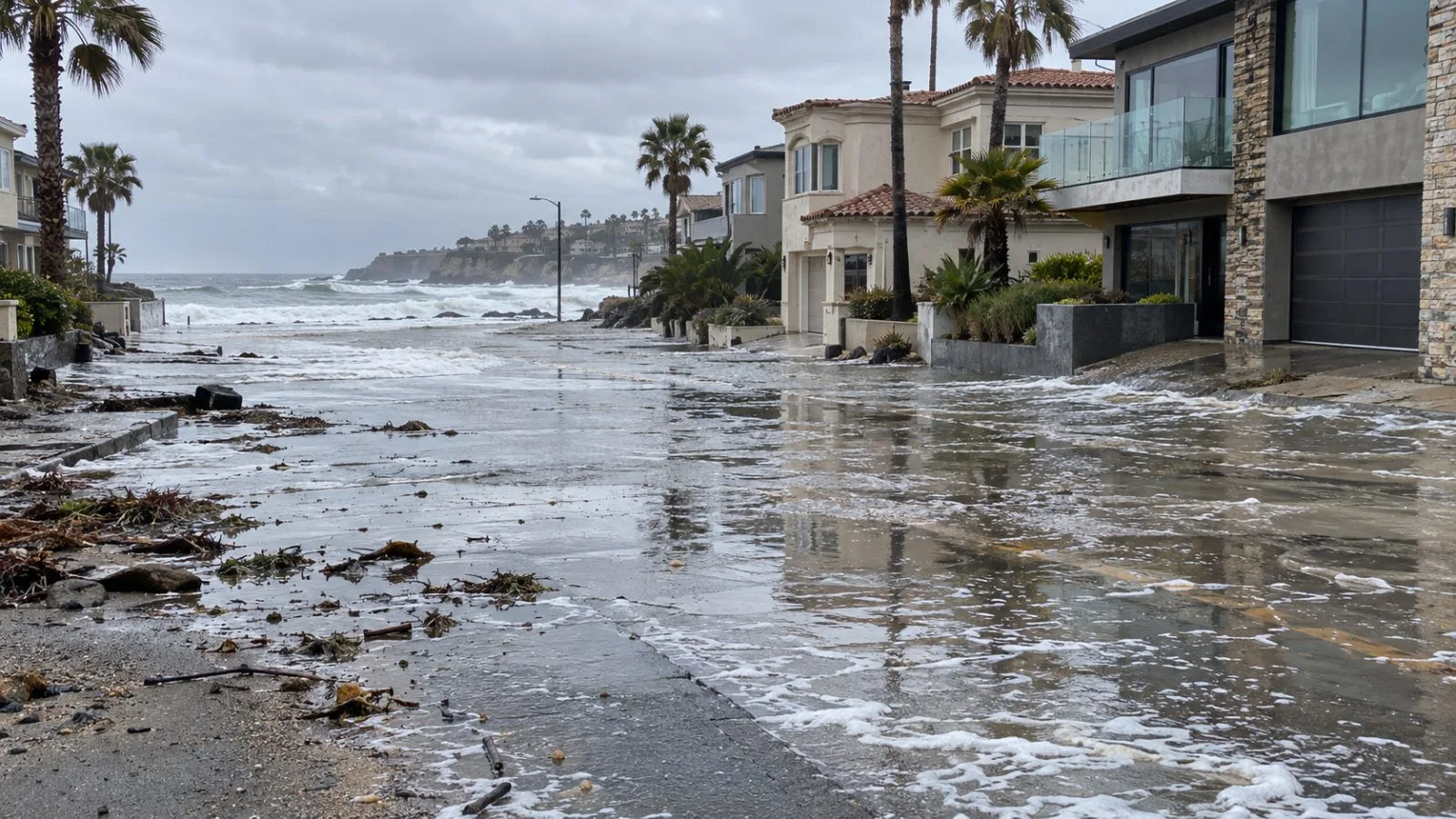 Seawater covers a low-lying residential street along the Southern California coast (AI-generated image / EconoTimes)