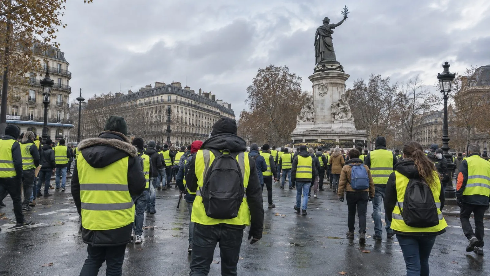 Demonstrators in yellow vests gather on a Paris street under overcast skies. (AI-generated image / EconoTimes)