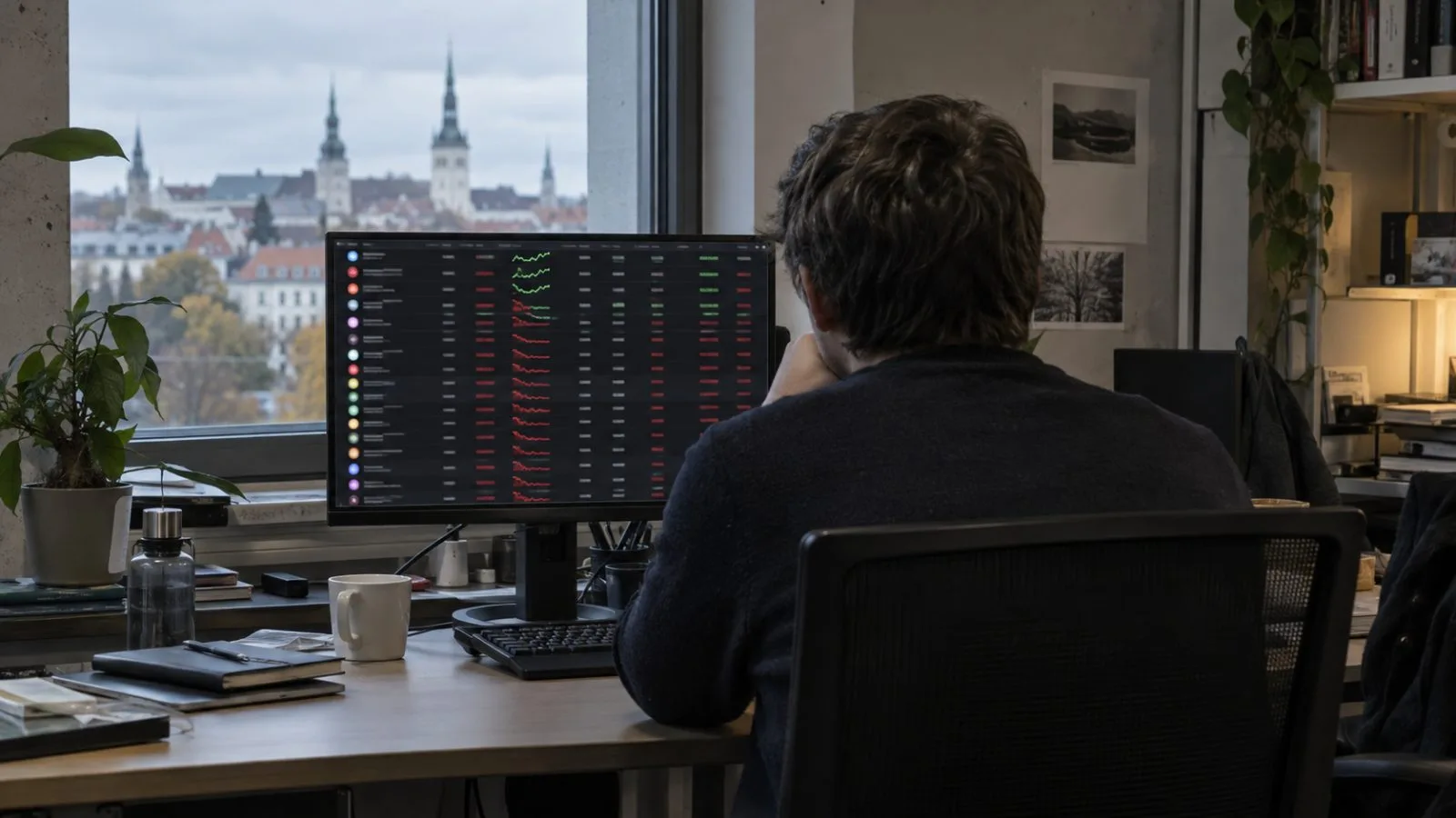 An office worker enters a Tallinn business building on a gray October morning. / EconoTimes.ai