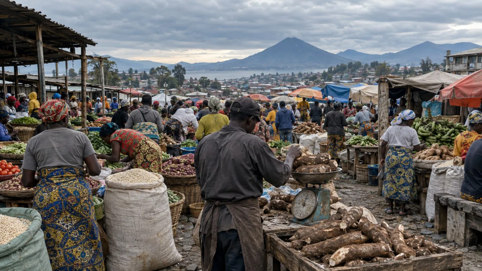 A vendor sorts cassava at an open-air market in Goma, eastern Democratic Republic of the Congo. (AI-generated image / EconoTimes)