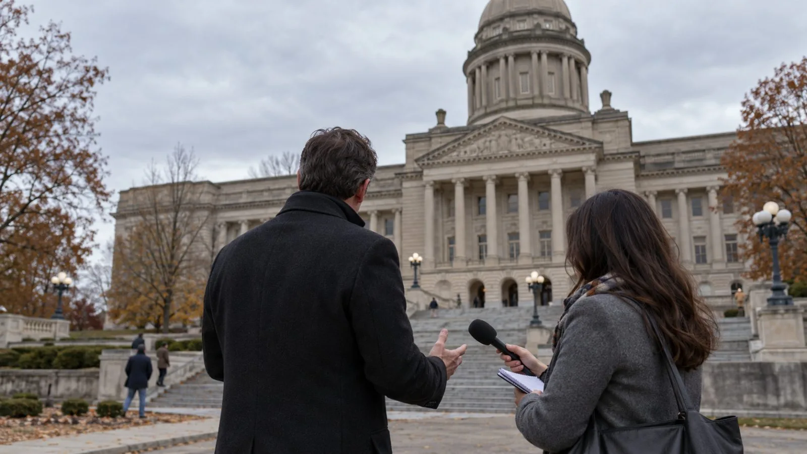 A reporter interviews an anonymous candidate outside the Kentucky State Capitol in Frankfort, Kentucky. (AI-generated image / EconoTimes)