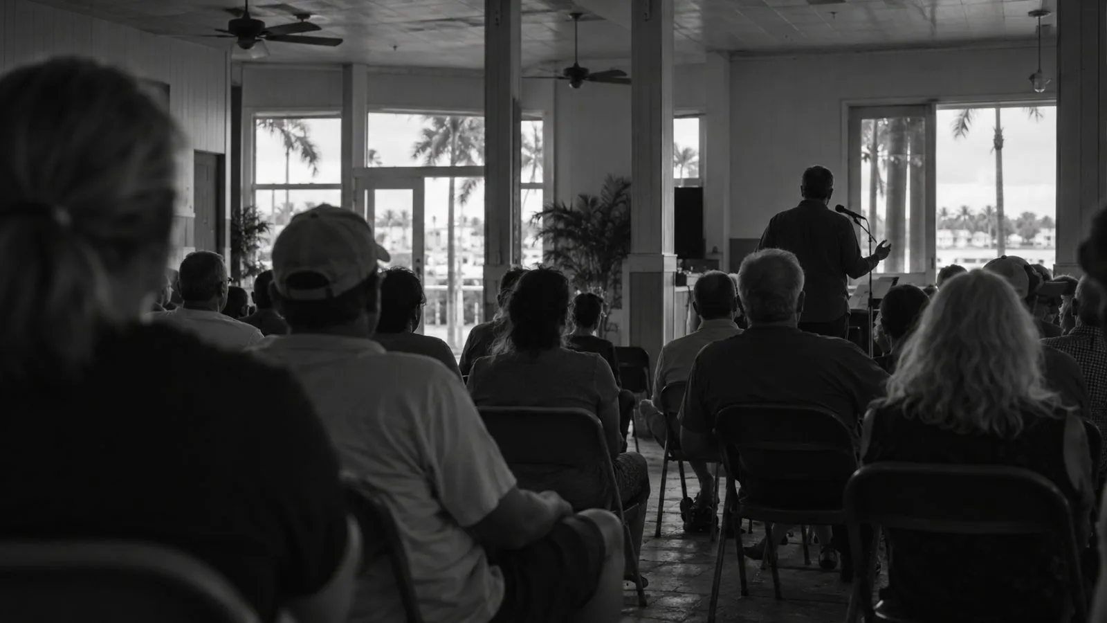 Rally attendees face a stage inside a venue in Fort Myers, Florida, on Friday. (AI-generated image / EconoTimes)