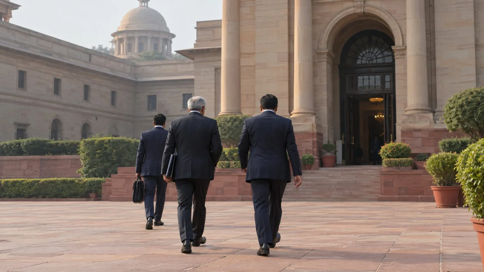 Delegates and security staff cross the forecourt at Hyderabad House in New Delhi (AI-generated image / EconoTimes)