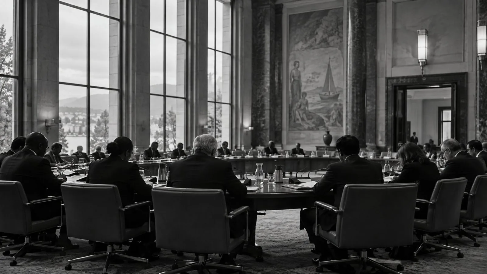 Delegates gather for a trade partnerships review at the World Trade Organization headquarters in Geneva, Switzerland. (AI-generated image / EconoTimes)