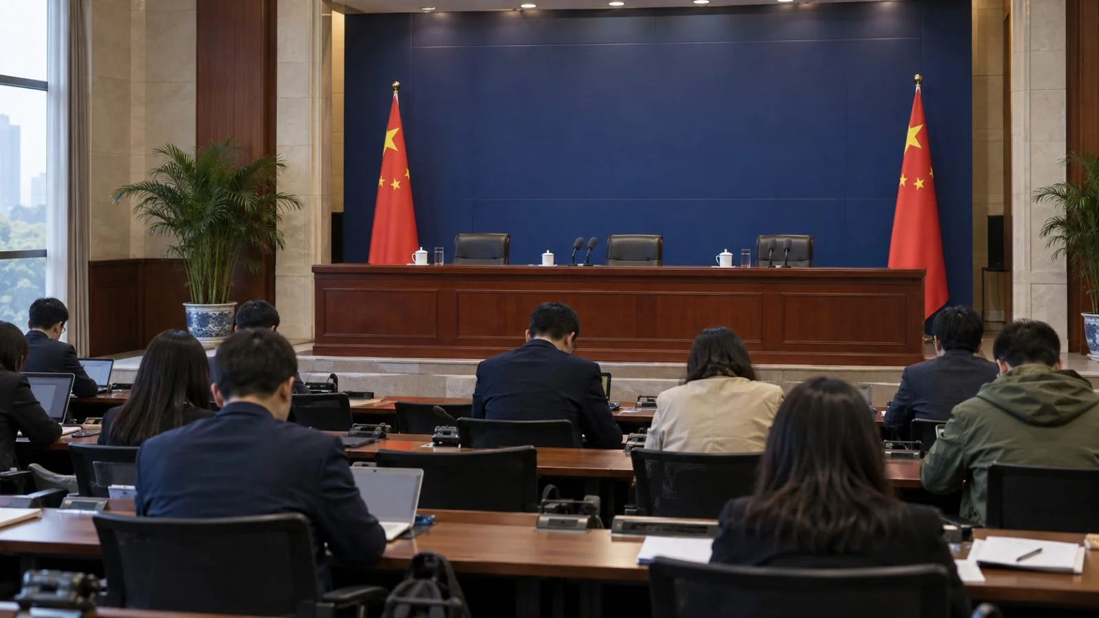 Reporters face the lectern at a Foreign Ministry briefing in Beijing, China. (AI-generated image / EconoTimes)