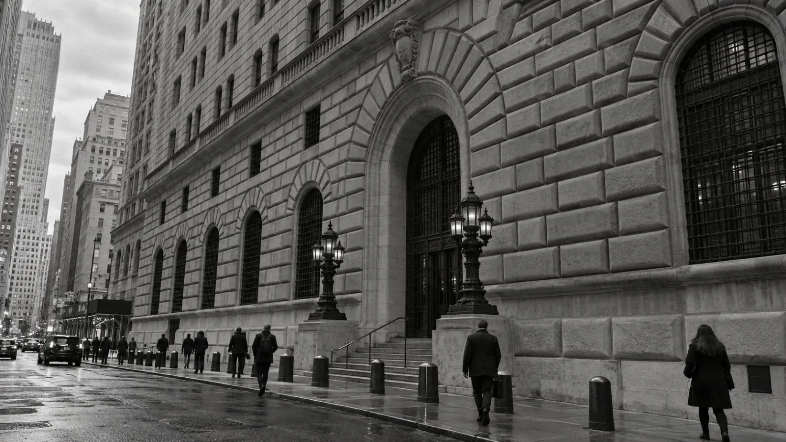 Pedestrians pass the Federal Reserve Bank of New York on a cloudy afternoon. (AI-generated image / EconoTimes)