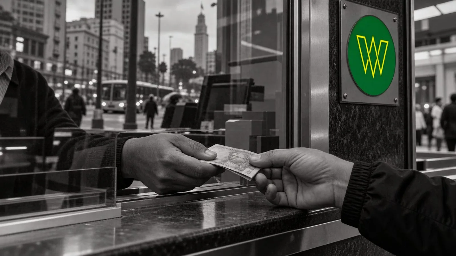 A clerk passes a Brazilian real banknote through a currency-exchange window in São Paulo, Brazil. / EconoTimes.ai