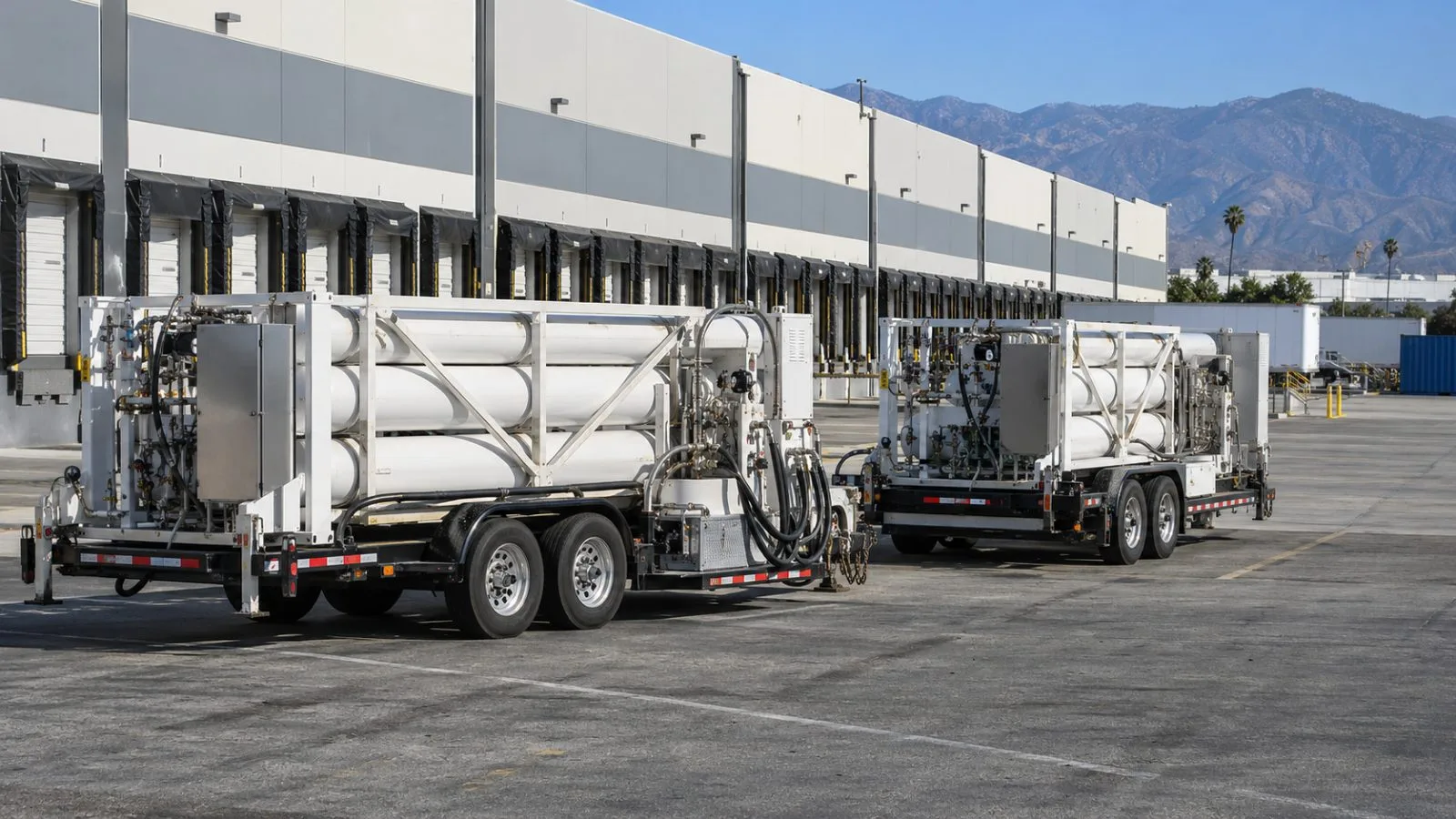 Two mobile hydrogen fuelers stand outside a parts distribution center in Ontario, California. (AI-generated image / EconoTimes)
