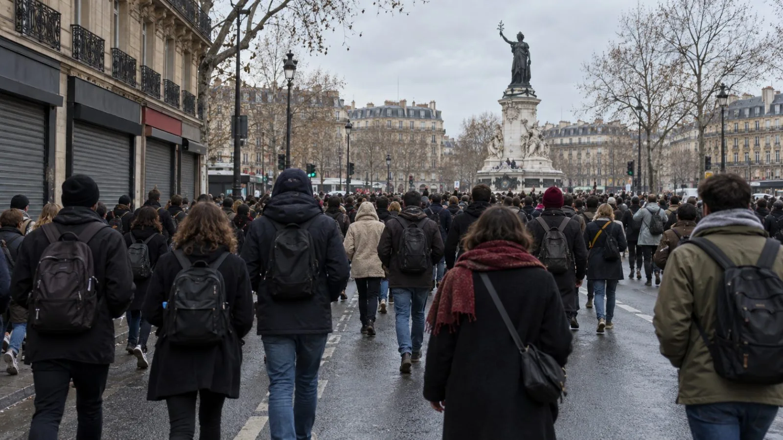Demonstrators pass closed storefronts near Place de la République in Paris. (AI-generated image / EconoTimes)