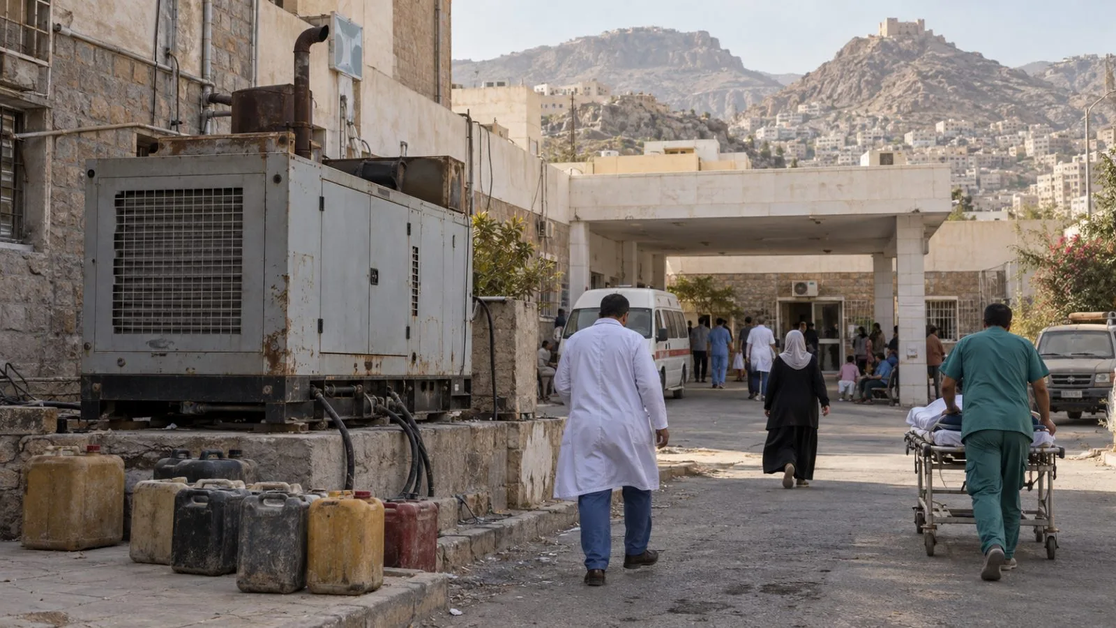Fuel containers stand beside a hospital generator in Taiz, Yemen. (AI-generated image / EconoTimes)