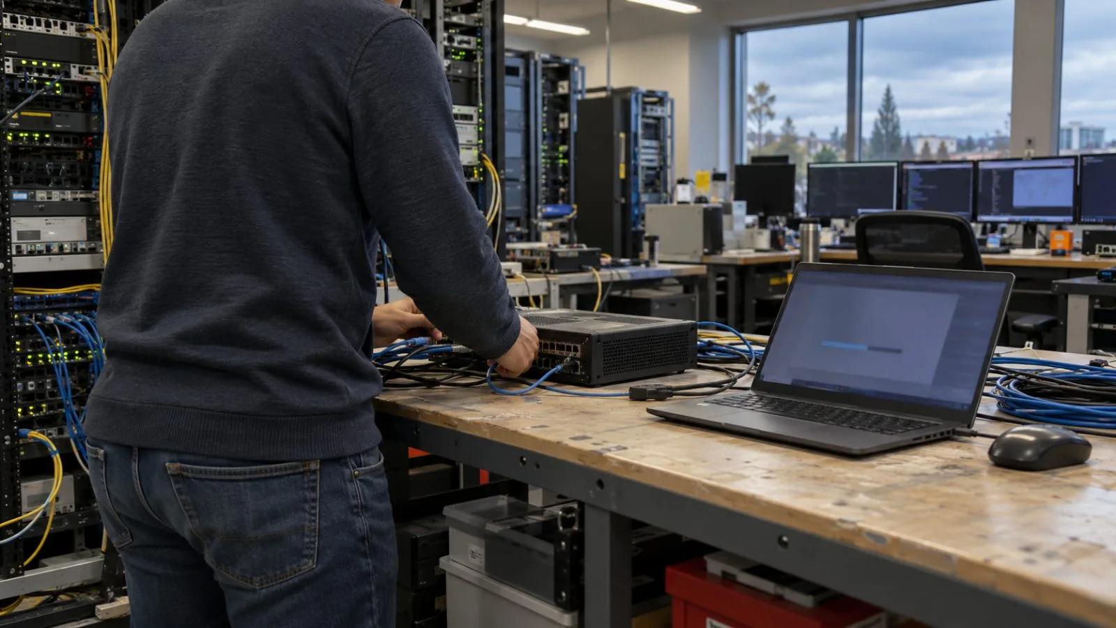 A technician connects a laptop to network equipment in a Santa Clara operations room (AI-generated image / EconoTimes)