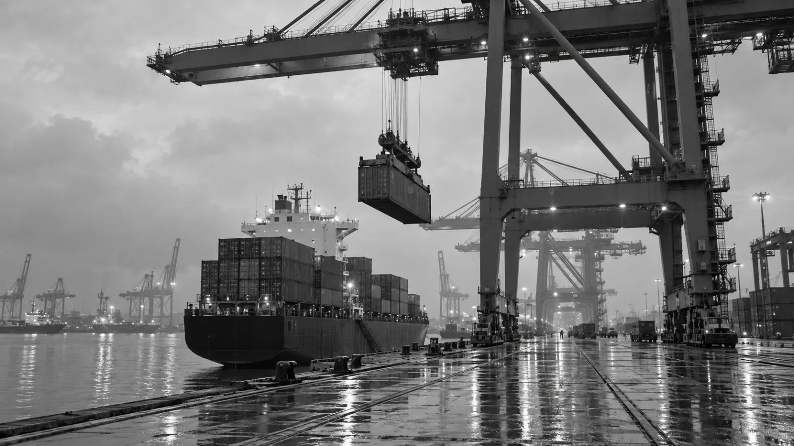 A gantry crane moves a container at Jawaharlal Nehru Port in Navi Mumbai, India. (AI-generated image / EconoTimes)