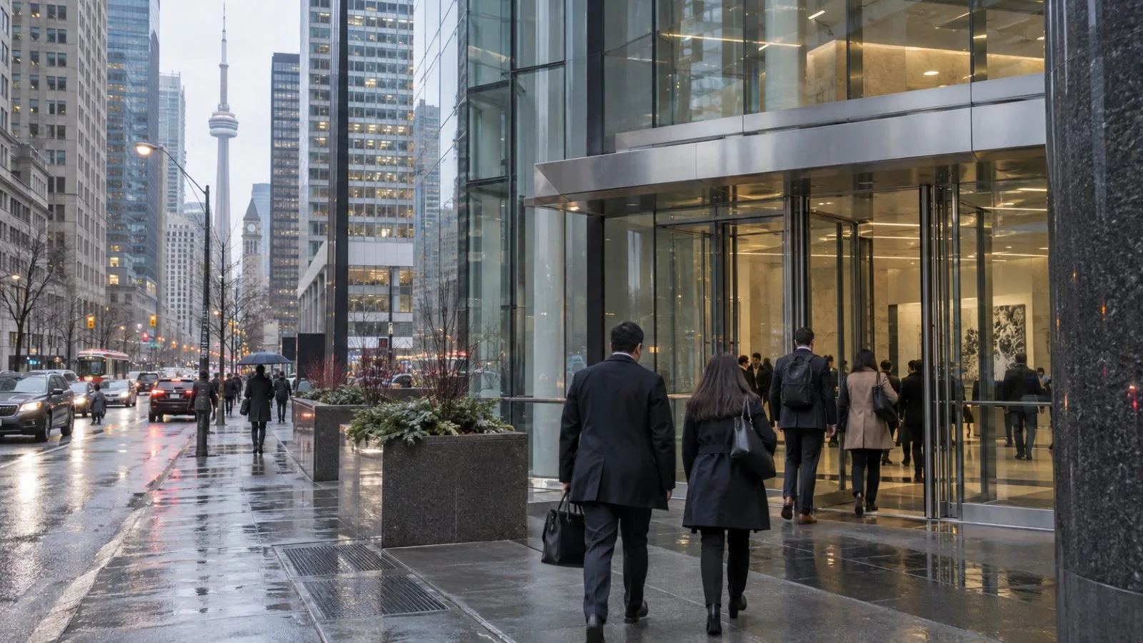 Pedestrians pass office towers along Bay Street in Toronto on a cloudy morning. (AI-generated image / EconoTimes)