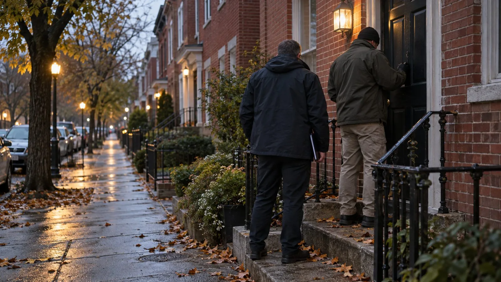 Investigators stand outside a Washington, D.C., residence during a federal search. (AI-generated image / EconoTimes)