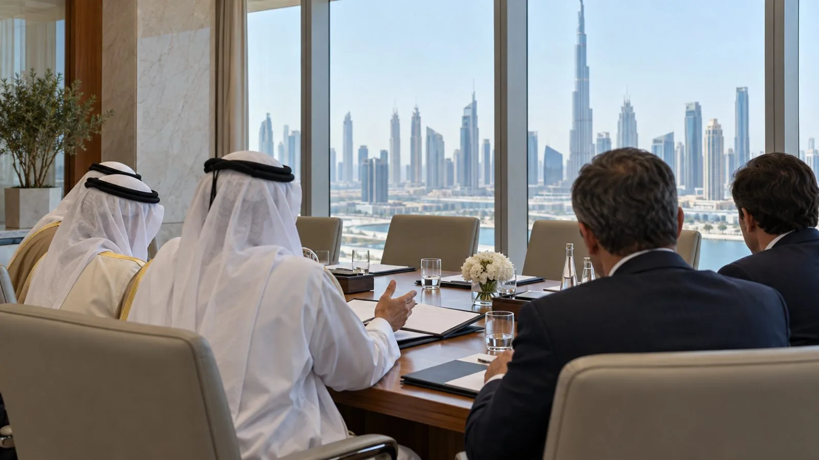 Officials meet around a conference table in a Dubai government office, United Arab Emirates. (AI-generated image / EconoTimes)