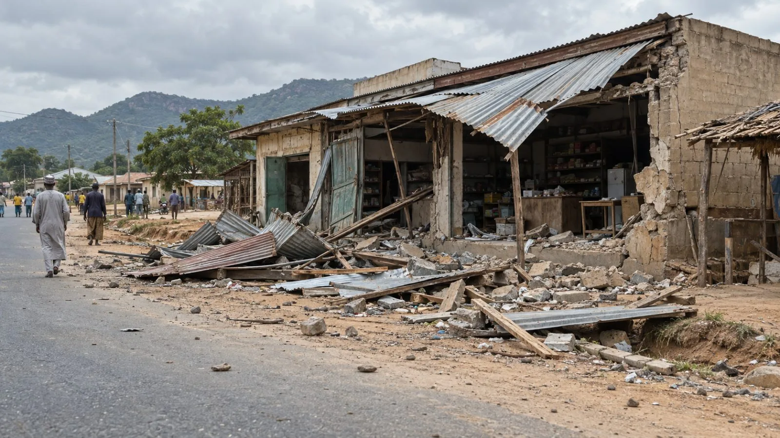 A damaged shopfront stands beside a rural road in Binnari village, Taraba State, Nigeria. (AI-generated image / EconoTimes)