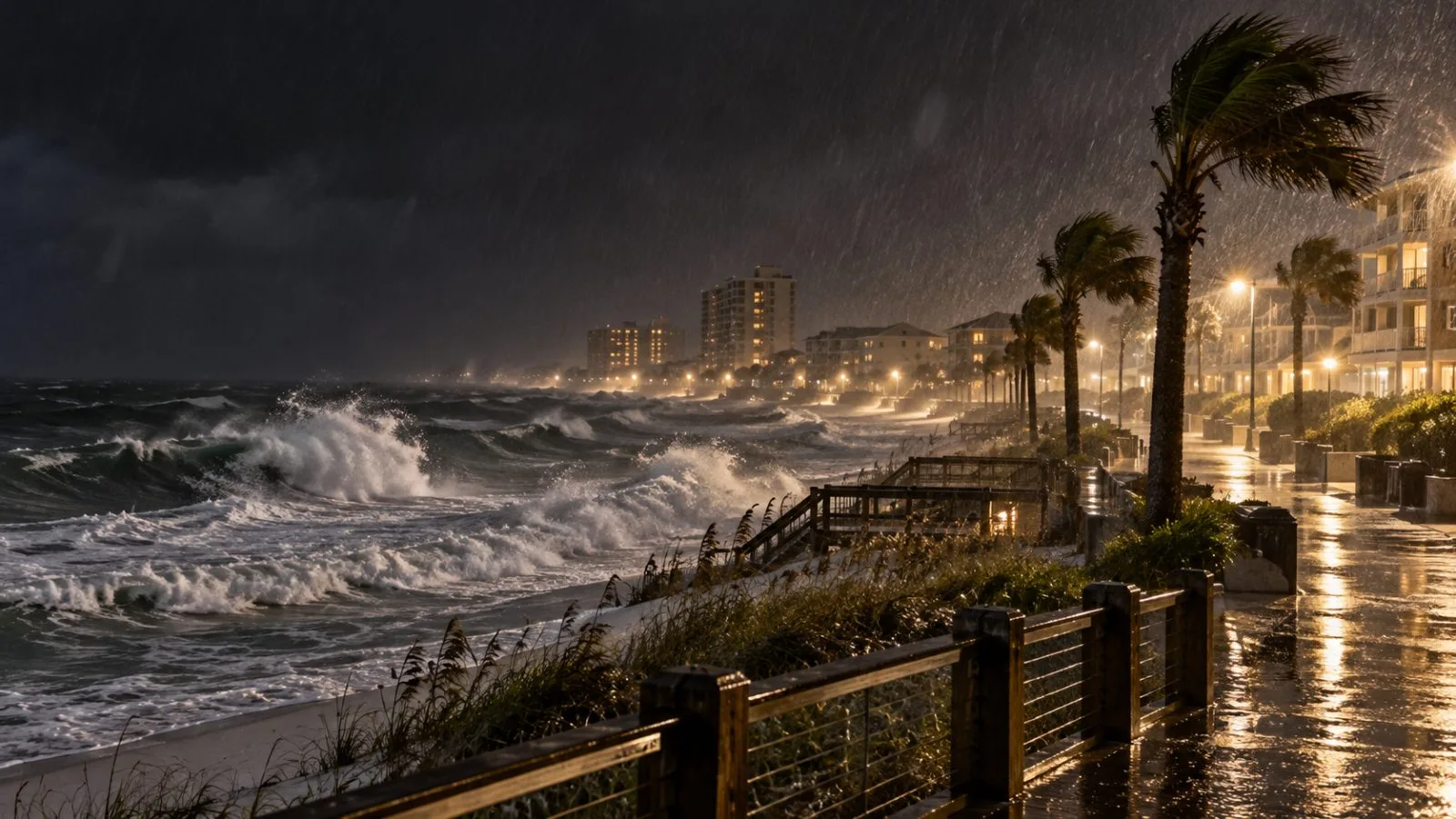 Wind-driven waves break along the Gulf shoreline in Destin, Florida, after dark. / EconoTimes.ai