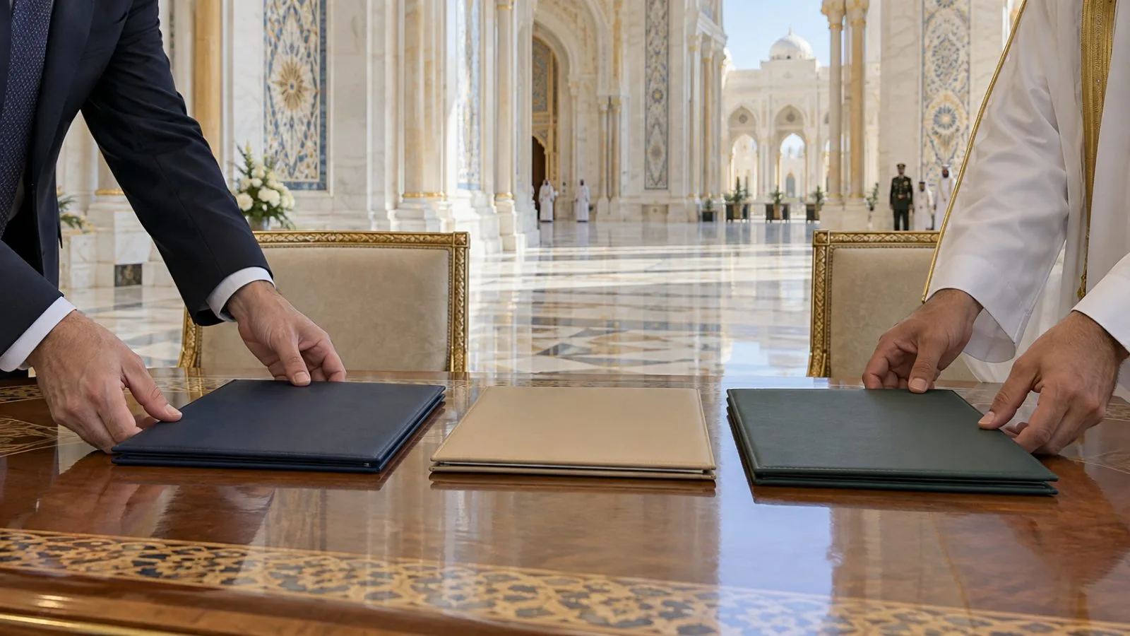 Memorandum folders rest on a conference table inside Qasr Al Watan in Abu Dhabi. (AI-generated image / EconoTimes)