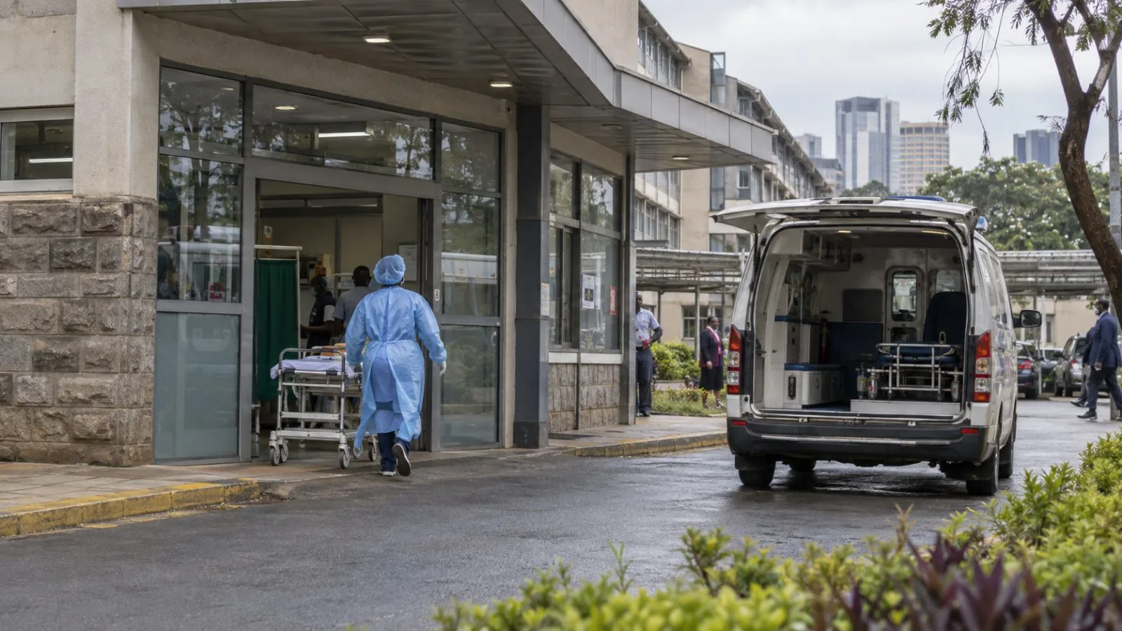 A health worker watches as two people exit a facility in Nairobi, Kenya. / EconoTimes.ai