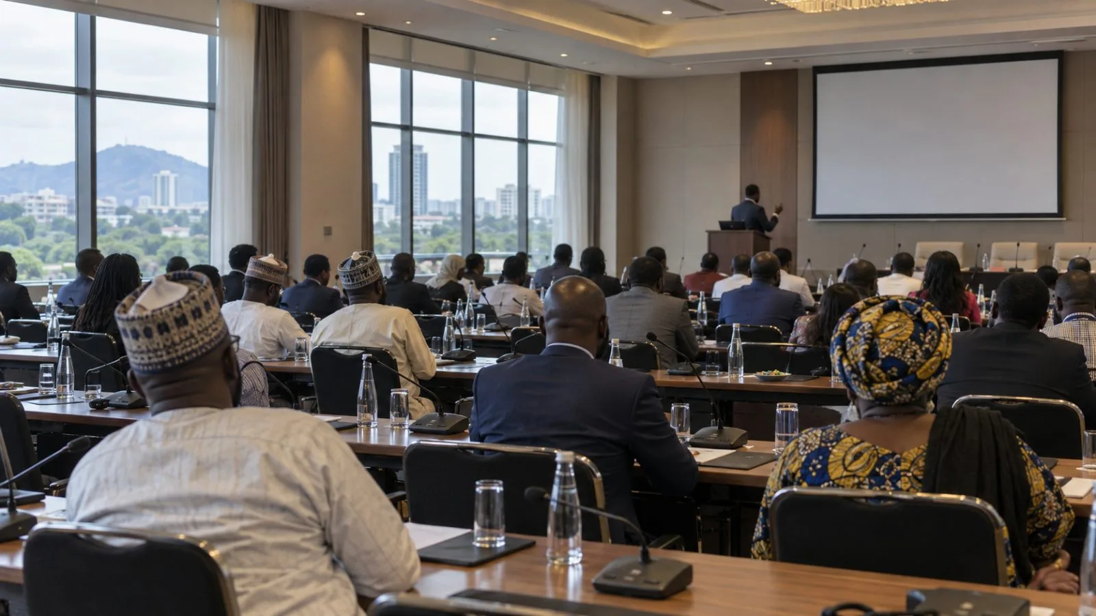 Attendees sit before a speaker in a conference hall in Abuja, Nigeria. (AI-generated image / EconoTimes)