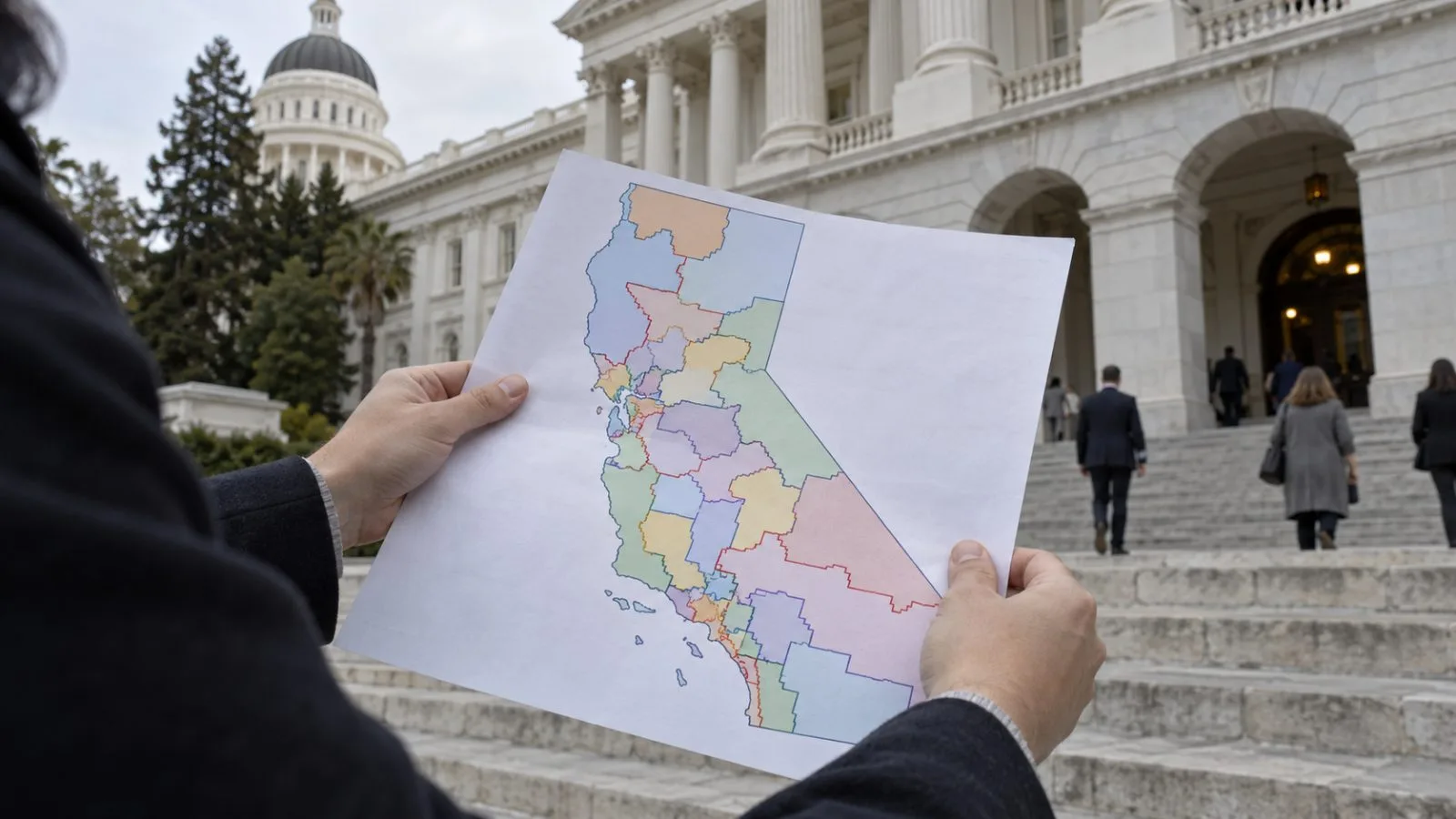 An unlabeled congressional district map is held outside California’s State Capitol in Sacramento. (AI-generated image / EconoTimes)